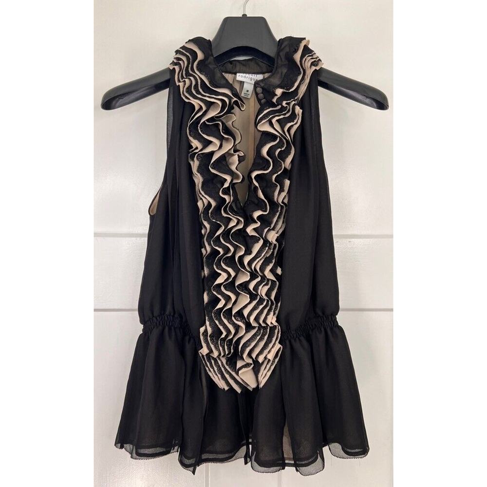 Robert Rodriguez Womens Blouse Black Sleeveless Keyhole Neck Ruffles Chiffon MED